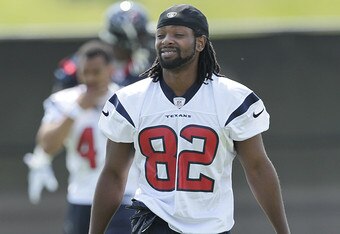 HOUSTON - MAY 21:  Wide receiver Keshawn Martin #82 of the Houston Texans arrives for the first day of OTA's at the Methodist Training Center at Reliant Park on May 21, 2012 in Houston, Texas.  (Photo by Bob Levey/Getty Images)