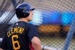 LOS ANGELES, CA - APRIL 29: Jeff Clement #6 of the Pittsburgh Pirates during batting practice prior to the start of the baseball game against Los Angeles Dodgers on April 29, 2010 at Dodger Stadium in Los Angeles, California.  (Photo by Kevork Djansezian/Getty Images)