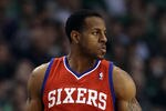 BOSTON, MA - MAY 21:  Andre Iguodala #9 of the Philadelphia 76ers reacts in the second half against the Boston Celtics in Game Five of the Eastern Conference Semifinals in the 2012 NBA Playoffs on May 21, 2012 at TD Garden in Boston, Massachusetts. NOTE TO USER: User expressly acknowledges and agrees that, by downloading and or using this photograph, User is consenting to the terms and conditions of the Getty Images License Agreement.  (Photo by Elsa/Getty Images)