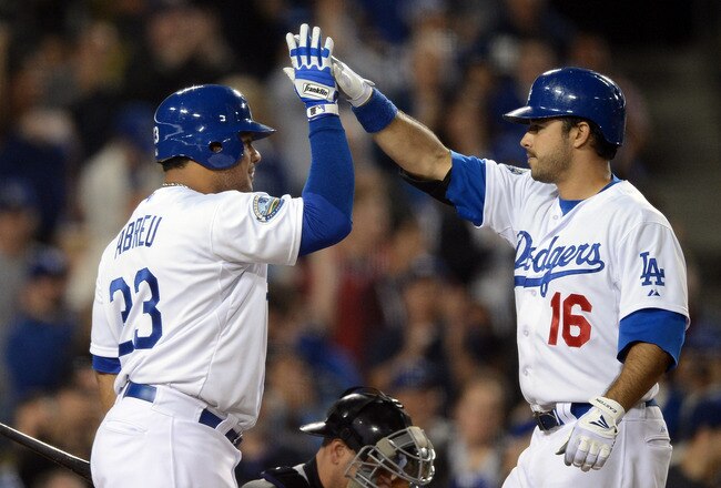 LOS ANGELES, CA - MAY 11:  Andre Ethier #16 celebrates his homerun with Bobby Abreu #23 of the Los Angeles Dodgers in front of Ramon Hernandez #55 of the Colorado Rockies for a 6-1 lead during the seventh inning at Dodger Stadium on May 11, 2012 in Los Angeles, California.  (Photo by Harry How/Getty Images)