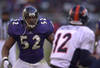 31 Dec 2000:  Ray Lewis #52 of the Baltimore Ravens eyes up Gus Ferotte #12 of the Denver Broncos in the AFC Wildcard playoff game at PSINet Stadium in Baltimore, Maryland. The Ravens won 21-3. DIGITAL IMAGE Mandatory Credit: Doug Pensinger/ALLSPORT