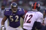 31 Dec 2000:  Ray Lewis #52 of the Baltimore Ravens eyes up Gus Ferotte #12 of the Denver Broncos in the AFC Wildcard playoff game at PSINet Stadium in Baltimore, Maryland. The Ravens won 21-3. DIGITAL IMAGE Mandatory Credit: Doug Pensinger/ALLSPORT