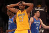 LOS ANGELES, CA - MAY 19:  Andrew Bynum #17 of the Los Angeles Lakers reacts in the first period while taking on the Oklahoma City Thunder in Game Four of the Western Conference Semifinals in the 2012 NBA Playoffs on May 19 at Staples Center in Los Angeles, California. NOTE TO USER: User expressly acknowledges and agrees that, by downloading and or using this photograph, User is consenting to the terms and conditions of the Getty Images License Agreement.  (Photo by Stephen Dunn/Getty Images)