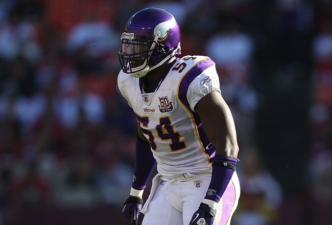 SAN FRANCISCO - AUGUST 22:  Jasper Brinkley #54 of the Minnesota Vikings reacts after pressuring Alex Smith #11 of the San Francisco 49er during an NFL pre-season game at Candlestick Park on August 22, 2010 in San Francisco, California. (Photo by Jed Jacobsohn/Getty Images)