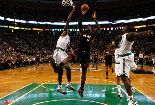 BOSTON, MA - JUNE 01:  LeBron James #6 of the Miami Heat attempts a shot agaijnst Kevin Garnett #5 of the Boston Celtics in Game Three of the Eastern Conference Finals in the 2012 NBA Playoffs on June 1, 2012 at TD Garden in Boston, Massachusetts.  NOTE TO USER: User expressly acknowledges and agrees that, by downloading and or using this photograph, User is consenting to the terms and conditions of the Getty Images License Agreement.  (Photo by Jared Wickerham/Getty Images)