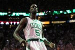 BOSTON, MA - JUNE 01:  Kevin Garnett #5 of the Boston Celtics reacts in the first half against the Miami Heat in Game Three of the Eastern Conference Finals in the 2012 NBA Playoffs on June 1, 2012 at TD Garden in Boston, Massachusetts.  NOTE TO USER: User expressly acknowledges and agrees that, by downloading and or using this photograph, User is consenting to the terms and conditions of the Getty Images License Agreement.  (Photo by Jim Rogash/Getty Images)