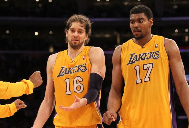 LOS ANGELES, CA - MAY 19:  Pau Gasol #16 and Andrew Bynum #17 of the Los Angeles Lakers react after losing 103-100 to the Oklahoma City Thunder in Game Four of the Western Conference Semifinals in the 2012 NBA Playoffs on May 19 at Staples Center in Los Angeles, California. NOTE TO USER: User expressly acknowledges and agrees that, by downloading and or using this photograph, User is consenting to the terms and conditions of the Getty Images License Agreement.  (Photo by Stephen Dunn/Getty Images)
