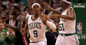 BOSTON, MA - JUNE 01:  Rajon Rondo #9 and Keyon Dooling #51 of the Boston Celtics celebrate in the second half against the Miami Heat in Game Three of the Eastern Conference Finals in the 2012 NBA Playoffs on June 1, 2012 at TD Garden in Boston, Massachusetts.  NOTE TO USER: User expressly acknowledges and agrees that, by downloading and or using this photograph, User is consenting to the terms and conditions of the Getty Images License Agreement.  (Photo by Jim Rogash/Getty Images)