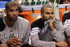 OKLAHOMA CITY, OK - MAY 31:  Tim Duncan #21, Tony Parker #9 and Boris Diaw #33 of the San Antonio Spurs sit on the bench in the fourth quarter while taking on the Oklahoma City Thunder n Game Five of the Western Conference Finals of the 2012 NBA Playoffs at Chesapeake Energy Arena on May 31, 2012 in Oklahoma City, Oklahoma. NOTE TO USER: User expressly acknowledges and agrees that, by downloading and or using this photograph, User is consenting to the terms and conditions of the Getty Images License Agreement.  (Photo by Ronald Martinez/Getty Images)