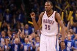 OKLAHOMA CITY, OK - MAY 31:  Kevin Durant #35 of the Oklahoma City Thunder reacts in the third quarter while taking on the San Antonio Spurs in Game Five of the Western Conference Finals of the 2012 NBA Playoffs at Chesapeake Energy Arena on May 31, 2012 in Oklahoma City, Oklahoma. NOTE TO USER: User expressly acknowledges and agrees that, by downloading and or using this photograph, User is consenting to the terms and conditions of the Getty Images License Agreement.  (Photo by Ronald Martinez/Getty Images)