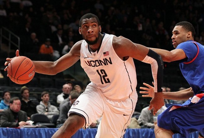 NEW YORK, NY - MARCH 06:  Andre Drummond #12 of the Connecticut Huskies in action against the DePaul Blue Demons during their first round game of the 2012 Big East Men's Basketball Tournament at Madison Square Garden on March 6, 2012 in New York City.  (Photo by Jim McIsaac/Getty Images)