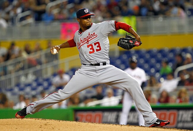 MIAMI, FL - MAY 29:  Edwin Jackson #33 of the Washington Nationals pitches during a game against the Miami Marlins at Marlins Park on May 29, 2012 in Miami, Florida.  (Photo by Mike Ehrmann/Getty Images)