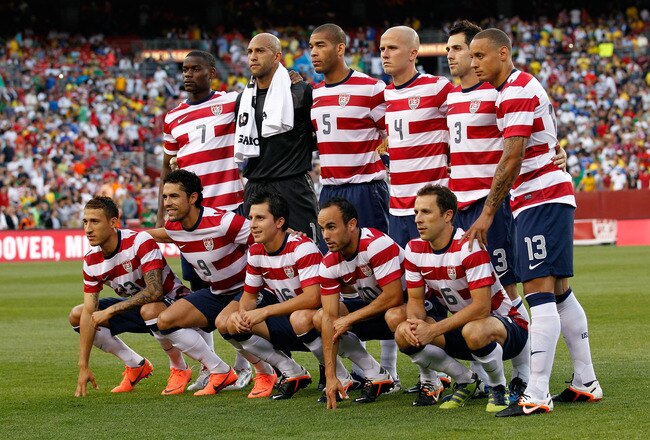 LANDOVER, MD - MAY 30: Members of team USA pose for a photo before the start of their International friendly game against Brazil at FedExField on May 30, 2012 in Landover, Maryland.  (Photo by Rob Carr/Getty Images)