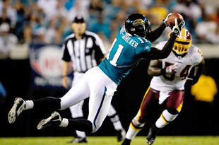 JACKSONVILLE, FL - SEPTEMBER 03:  Mike Sims-Walker #11 of the Jacksonville Jaguars makes a reception during the game against the Washington Redskins at Jacksonville Municipal Stadium on September 3, 2009 in Jacksonville, Florida.  (Photo by Sam Greenwood/Getty Images)