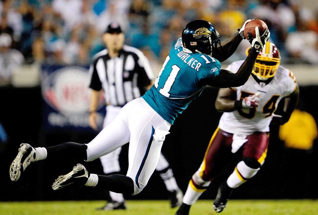 JACKSONVILLE, FL - SEPTEMBER 03:  Mike Sims-Walker #11 of the Jacksonville Jaguars makes a reception during the game against the Washington Redskins at Jacksonville Municipal Stadium on September 3, 2009 in Jacksonville, Florida.  (Photo by Sam Greenwood/Getty Images)