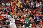 PHILADELPHIA, PA - MAY 16: Andre Iguodala #9 of the Philadelphia 76ers shoots a three point shot over Paul Pierce #34 of the Boston Celtics in Game Three of the Eastern Conference Semifinals in the 2012 NBA Playoffs at the Wells Fargo Center on May 16, 2012 in Philadelphia, Pennsylvania. NOTE TO USER: User expressly acknowledges and agrees that, by downloading and or using this photograph, User is consenting to the terms and conditions of the Getty Images License Agreement. (Photo by Drew Hallowell/Getty Images)
