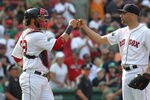 BOSTON, MA - MAY 28: Jarrod Saltalamacchia #39 and Alfredo Aceves #91 of the Boston Red Sox celebrate their 7-4 win against the Detroit Tigers at Fenway Park May 28, 2012  in Boston, Massachusetts. (Photo by Jim Rogash/Getty Images)