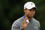 DUBLIN, OH - JUNE 01:  Tiger Woods waves to the gallery after a birdie putt on the first green during the second round of the Memorial Tournament presented by Nationwide Insurance at Muirfield Village Golf Club on June1, 2012 in Dublin, Ohio.  (Photo by Scott Halleran/Getty Images)