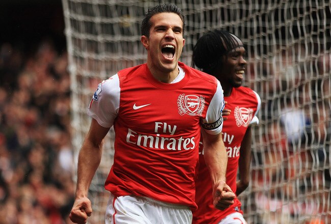 LONDON, ENGLAND - MAY 05:  Robin van Persie of Arsenal celebrates scoring their third goal during the Barclays Premier League match between Arsenal and Norwich City at the Emirates Stadium on May 5, 2012 in London, England.  (Photo by Bryn Lennon/Getty Images)