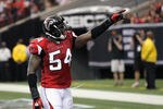 ATLANTA, GA - JANUARY 02:  Stephen Nicholas #54 of the Atlanta Falcons against the Carolina Panthers at Georgia Dome on January 2, 2011 in Atlanta, Georgia.  (Photo by Kevin C. Cox/Getty Images)