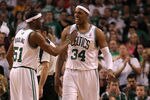 BOSTON, MA - JUNE 01:  (L-R) Keyon Dooling #51 and Paul Pierce #34 of the Boston Celtics react in the second half against the Miami Heat in Game Three of the Eastern Conference Finals in the 2012 NBA Playoffs on June 1, 2012 at TD Garden in Boston, Massachusetts.  NOTE TO USER: User expressly acknowledges and agrees that, by downloading and or using this photograph, User is consenting to the terms and conditions of the Getty Images License Agreement.  (Photo by Jim Rogash/Getty Images)