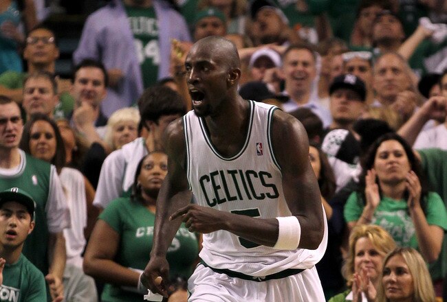 BOSTON, MA - JUNE 01:  Kevin Garnett #5 of the Boston Celtics reacts in the second half against the Miami Heat in Game Three of the Eastern Conference Finals in the 2012 NBA Playoffs on June 1, 2012 at TD Garden in Boston, Massachusetts.  NOTE TO USER: User expressly acknowledges and agrees that, by downloading and or using this photograph, User is consenting to the terms and conditions of the Getty Images License Agreement.  (Photo by Jim Rogash/Getty Images)
