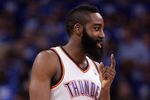 OKLAHOMA CITY, OK - MAY 31:  James Harden #13 of the Oklahoma City Thunder reacts in the third quarter while taking on the San Antonio Spurs in Game Three of the Western Conference Finals of the 2012 NBA Playoffs at Chesapeake Energy Arena on May 31, 2012 in Oklahoma City, Oklahoma. NOTE TO USER: User expressly acknowledges and agrees that, by downloading and or using this photograph, User is consenting to the terms and conditions of the Getty Images License Agreement.  (Photo by Brett Deering/Getty Images)