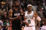BOSTON, MA - JUNE 01:  (L-R) Dwyane Wade #3 of the Miami Heat and Rajon Rondo #9 of the Boston Celtics look on in Game Three of the Eastern Conference Finals in the 2012 NBA Playoffs on June 1, 2012 at TD Garden in Boston, Massachusetts.  NOTE TO USER: User expressly acknowledges and agrees that, by downloading and or using this photograph, User is consenting to the terms and conditions of the Getty Images License Agreement.  (Photo by Jim Rogash/Getty Images)