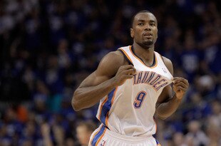 OKLAHOMA CITY, OK - JUNE 02:  Serge Ibaka #9 of the Oklahoma City Thunder reacts in the third quarter while taking on the San Antonio Spurs in Game Four of the Western Conference Finals of the 2012 NBA Playoffs at Chesapeake Energy Arena on June 2, 2012 in Oklahoma City, Oklahoma. NOTE TO USER: User expressly acknowledges and agrees that, by downloading and or using this photograph, User is consenting to the terms and conditions of the Getty Images License Agreement.  (Photo by Brett Deering/Getty Images)