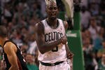 BOSTON, MA - JUNE 01:  Kevin Garnett #5 of the Boston Celtics reacts in the second half against the Miami Heat in Game Three of the Eastern Conference Finals in the 2012 NBA Playoffs on June 1, 2012 at TD Garden in Boston, Massachusetts.  NOTE TO USER: User expressly acknowledges and agrees that, by downloading and or using this photograph, User is consenting to the terms and conditions of the Getty Images License Agreement.  (Photo by Jim Rogash/Getty Images)