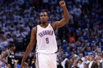 OKLAHOMA CITY, OK - JUNE 02:  Serge Ibaka #9 of the Oklahoma City Thunder reacts in the fourth quarter while taking on the San Antonio Spurs in Game Four of the Western Conference Finals of the 2012 NBA Playoffs at Chesapeake Energy Arena on June 2, 2012 in Oklahoma City, Oklahoma. NOTE TO USER: User expressly acknowledges and agrees that, by downloading and or using this photograph, User is consenting to the terms and conditions of the Getty Images License Agreement.  (Photo by Brett Deering/Getty Images)