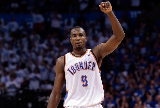 OKLAHOMA CITY, OK - JUNE 02:  Serge Ibaka #9 of the Oklahoma City Thunder reacts in the fourth quarter while taking on the San Antonio Spurs in Game Four of the Western Conference Finals of the 2012 NBA Playoffs at Chesapeake Energy Arena on June 2, 2012 in Oklahoma City, Oklahoma. NOTE TO USER: User expressly acknowledges and agrees that, by downloading and or using this photograph, User is consenting to the terms and conditions of the Getty Images License Agreement.  (Photo by Brett Deering/Getty Images)