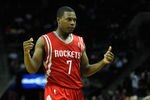 CHARLOTTE, NC - JANUARY 10:  Kyle Lowry #7 of the Houston Rockets against the Charlotte Bobcats during their game at Time Warner Cable Arena on January 10, 2012 in Charlotte, North Carolina.   NOTE TO USER: User expressly acknowledges and agrees that, by downloading and or using this photograph, User is consenting to the terms and conditions of the Getty Images License Agreement.  (Photo by Streeter Lecka/Getty Images)