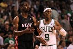 BOSTON, MA - JUNE 01:  (L-R) Dwyane Wade #3 of the Miami Heat and Rajon Rondo #9 of the Boston Celtics look on in Game Three of the Eastern Conference Finals in the 2012 NBA Playoffs on June 1, 2012 at TD Garden in Boston, Massachusetts.  NOTE TO USER: User expressly acknowledges and agrees that, by downloading and or using this photograph, User is consenting to the terms and conditions of the Getty Images License Agreement.  (Photo by Jim Rogash/Getty Images)
