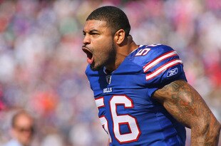 ORCHARD PARK, NY - OCTOBER 09: Shawne Merriman #56 of the Buffalo Bills reacts as he walks on the field against the Philadelphia Eagles  at Ralph Wilson Stadium on October 9, 2011 in Orchard Park, New York.Buffalo won 31-24.  (Photo by Rick Stewart/Getty Images)
