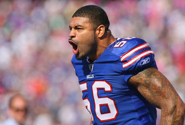 ORCHARD PARK, NY - OCTOBER 09: Shawne Merriman #56 of the Buffalo Bills reacts as he walks on the field against the Philadelphia Eagles  at Ralph Wilson Stadium on October 9, 2011 in Orchard Park, New York.Buffalo won 31-24.  (Photo by Rick Stewart/Getty Images)