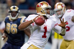 ST. LOUIS, MO - DECEMBER 26: Troy Smith #1 of the San Francisco 49ers looks to pass against the St. Louis Rams at the Edward Jones Dome on December 26, 2010 in St. Louis, Missouri. The Rams beat the 49ers 25-17. (Photo by Dilip Vishwanat/Getty Images)