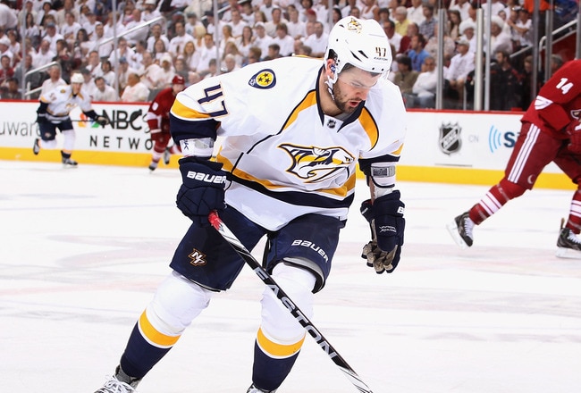GLENDALE, AZ - APRIL 29:  Alexander Radulov #47 of the Nashville Predators skates with the puck in Game Two of the Western Conference Semifinals against the Phoenix Coyotes during the 2012 NHL Stanley Cup Playoffs at Jobing.com Arena on April 29, 2012 in Glendale, Arizona.  The Coyotes defeated the Predators 5-3.  (Photo by Christian Petersen/Getty Images)