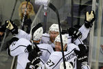 NEWARK, NJ - JUNE 02:  Jeff Carter #77 of the Los Angeles Kings celebrates with teammates after scoring the game winning goal in overtime against the New Jersey Devils during Game Two of the 2012 NHL Stanley Cup Final at the Prudential Center on June 2, 2012 in Newark, New Jersey.  (Photo by Paul Bereswill/Getty Images)