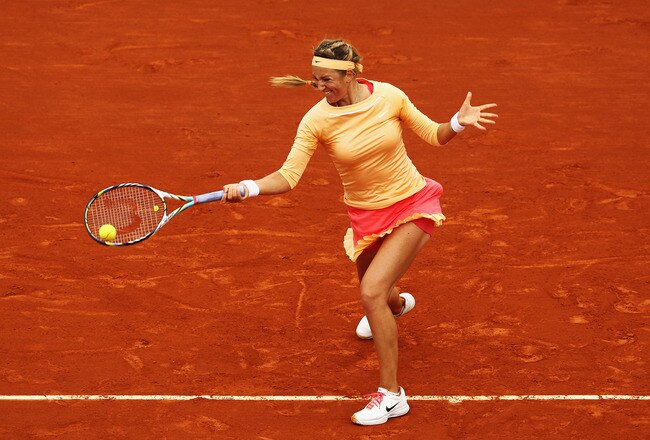 PARIS, FRANCE - JUNE 03:  Victoria Azarenka of Belarus plays a forehand in her women's singles fourth round match against Dominika Cibulkova of Slovakia during day 8 of the French Open at Roland Garros on June 3, 2012 in Paris, France.  (Photo by Matthew Stockman/Getty Images)