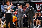 ATLANTA, GA - MARCH 08:  Head Coach Brian Gregory (R) of the Georgia Tech Yellow Jackets argues a charge call during their first round game of 2012 ACC Men's Basketball Conferene Tournament against the Miami Hurricanes at Philips Arena on March 8, 2012 in Atlanta, Georgia. The Hurricanes defeated the Yellow Jackets 54 to 36.  (Photo by Kevin C. Cox/Getty Images)