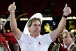 ATLANTA - DECEMBER 05:  Head coach Nick Saban of the Alabama Crimson Tide celebrates after their 32-13 win over the Florida Gators in the SEC Championship at Georgia Dome on December 5, 2009 in Atlanta, Georgia.  (Photo by Kevin C. Cox/Getty Images)