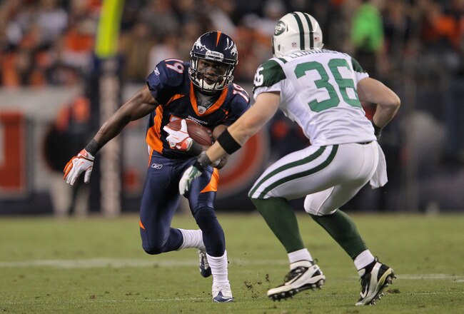 DENVER, CO - NOVEMBER 17:  Eddie Royal #19 of the Denver Broncos runs with the ball against Jim Leonhard #36 of the New York Jets in the first half at Invesco Field at Mile High on November 17, 2011 in Denver, Colorado.  (Photo by Doug Pensinger/Getty Images)