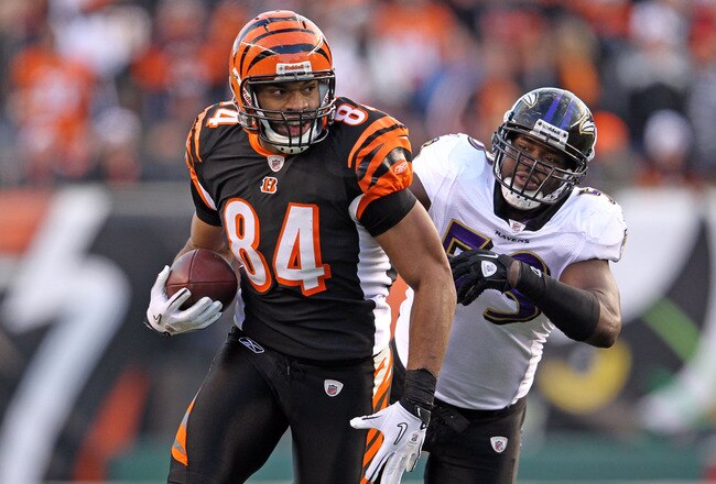 CINCINNATI, OH - JANUARY 01:  Jermaine Gresham #84 of the Cincinnati Bengals runs with the ball and tries to avoid the defensive pressure of Dannell Ellerbe #59 of the Baltimore Ravens during the NFL game at Paul Brown Stadium on January 1, 2012 in Cincinnati, Ohio.  (Photo by Andy Lyons/Getty Images)