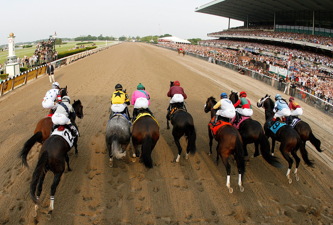 ELMONT, NY - JUNE 07:  The field comes out of the gate to start the 140th running of the Belmont Stakes at Belmont Park on June 7, 2008 in Elmont, New York.  (Photo by Al Bello/Getty Images)