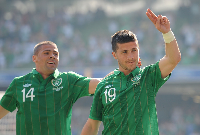 DUBLIN, IRELAND - MAY 26:  Shane Long (R) of Ireland celebrates with team-mate Jonathan Walters after scoring the winning goal during the International Friendly between Republic of Ireland and Bosnia at the AVIVA Stadium on May 26, 2012 in Dublin, Ireland.  (Photo by Christopher Lee/Getty Images)