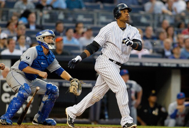NEW YORK, NY - JUNE 08:  Robinson Cano #24 of the New York Yankees watches his second homerun of the game during the third-inning at Yankee Stadium on June 8, 2012 in the Bronx borough of New York City.Yankees defeated the Rays 7-0.  (Photo by Mike Stobe/Getty Images)
