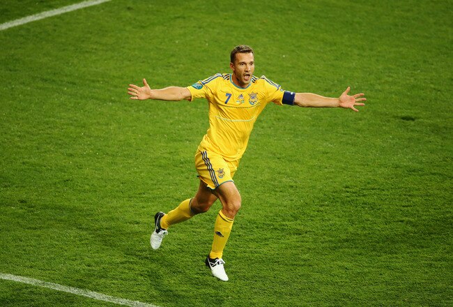 KIEV, UKRAINE - JUNE 11:  Andriy Shevchenko of Ukraine celebrates scoring their second goal during the UEFA EURO 2012 group D match between Ukraine and Sweden at The Olympic Stadium on June 11, 2012 in Kiev, Ukraine.  (Photo by Martin Rose/Getty Images)