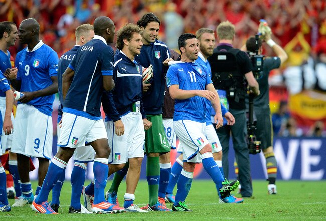 GDANSK, POLAND - JUNE 10: Antonio Di Natale of Italy celebrates a draw with team mates during the UEFA EURO 2012 group C match between Spain and Italy at The Municipal Stadium on June 10, 2012 in Gdansk, Poland. (Photo by Claudio Villa/Getty Images)