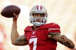 SAN FRANCISCO, CA - OCTOBER 18:  Quarterback Colin Kaepernick #7 of the San Francisco 49ers throws before a game against the Seattle Seahawks on October 18, 2012 at Candlestick Park in San Francisco, California.  The 49ers won 13-6.  (Photo by Brian Bahr/Getty Images)